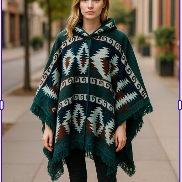 Shawl Sweater Poncho Aztec Fringe Hem Boho One Size Fits All Festival - Picture 1 of 6